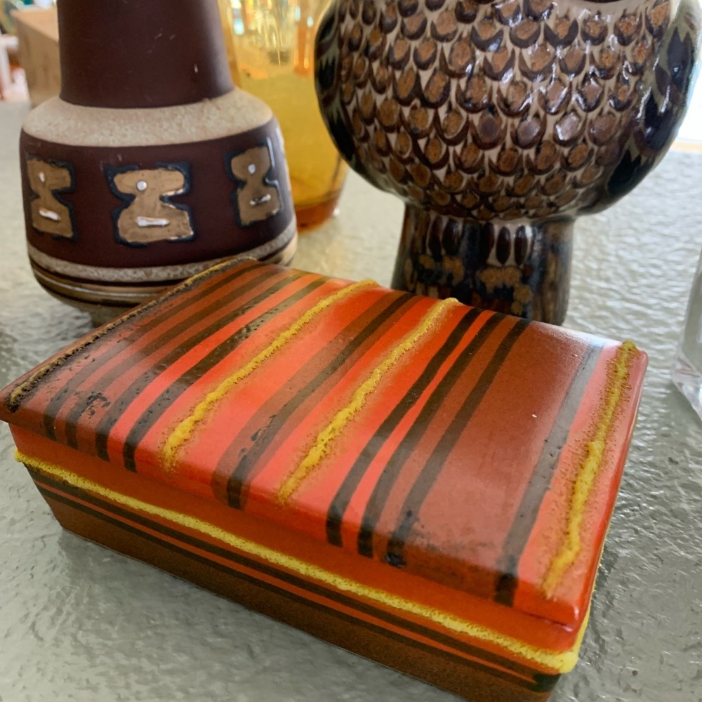 Unique Bitossi orange striped ceramic box with sticker MCM